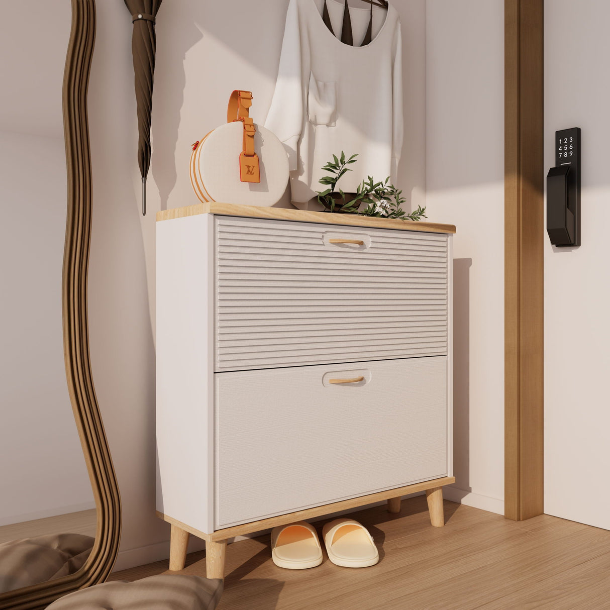 Narrow Entryway Shoe Storage Cabinet With 2 Flip Drawers Legs - Natural / White