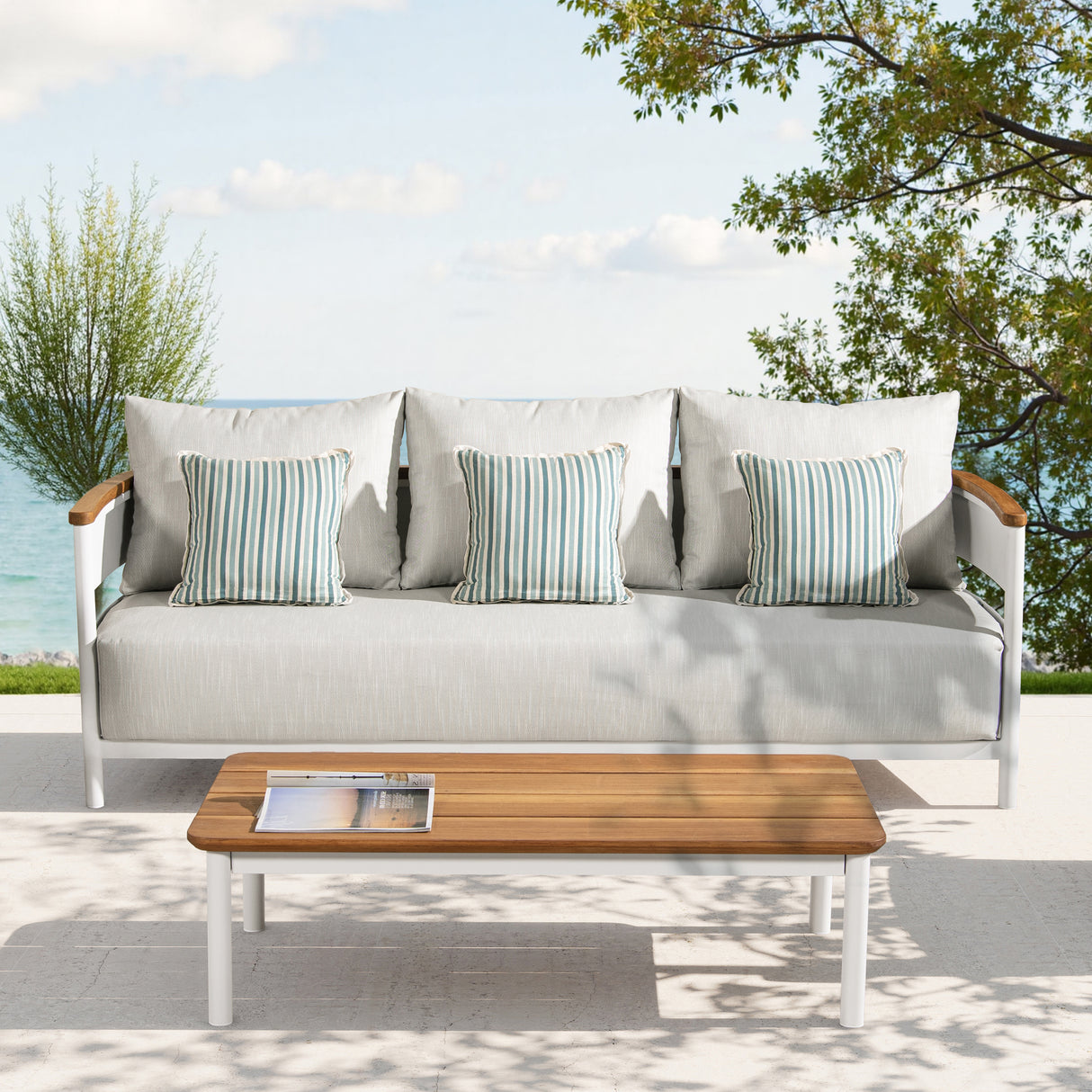 Rhodes 2pc Teak & Aluminum Outdoor Sofa and Coffee Table Set