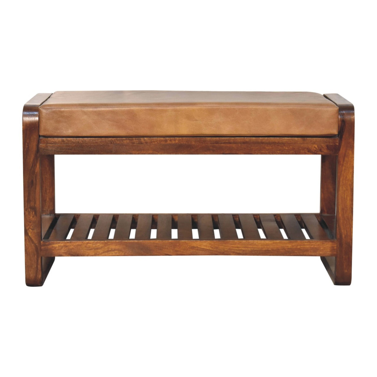 Solid Wood Small Buffalo Slatted Bench, Leather Upholstered, Open Storage