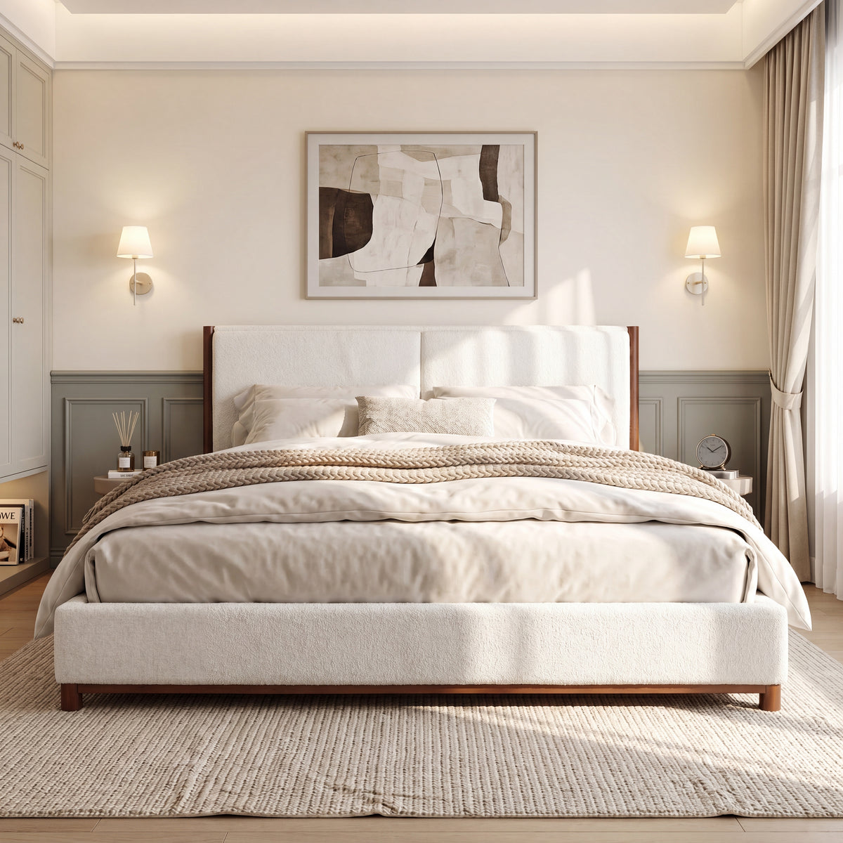 King Size Upholstered Bed Frame with Slat Support - White & Walnut