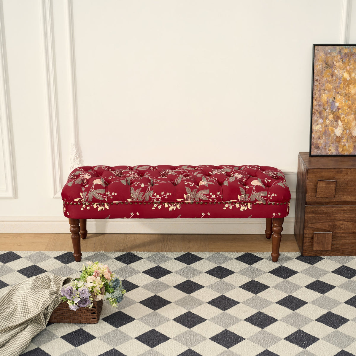European Style Tufted Floral Bench