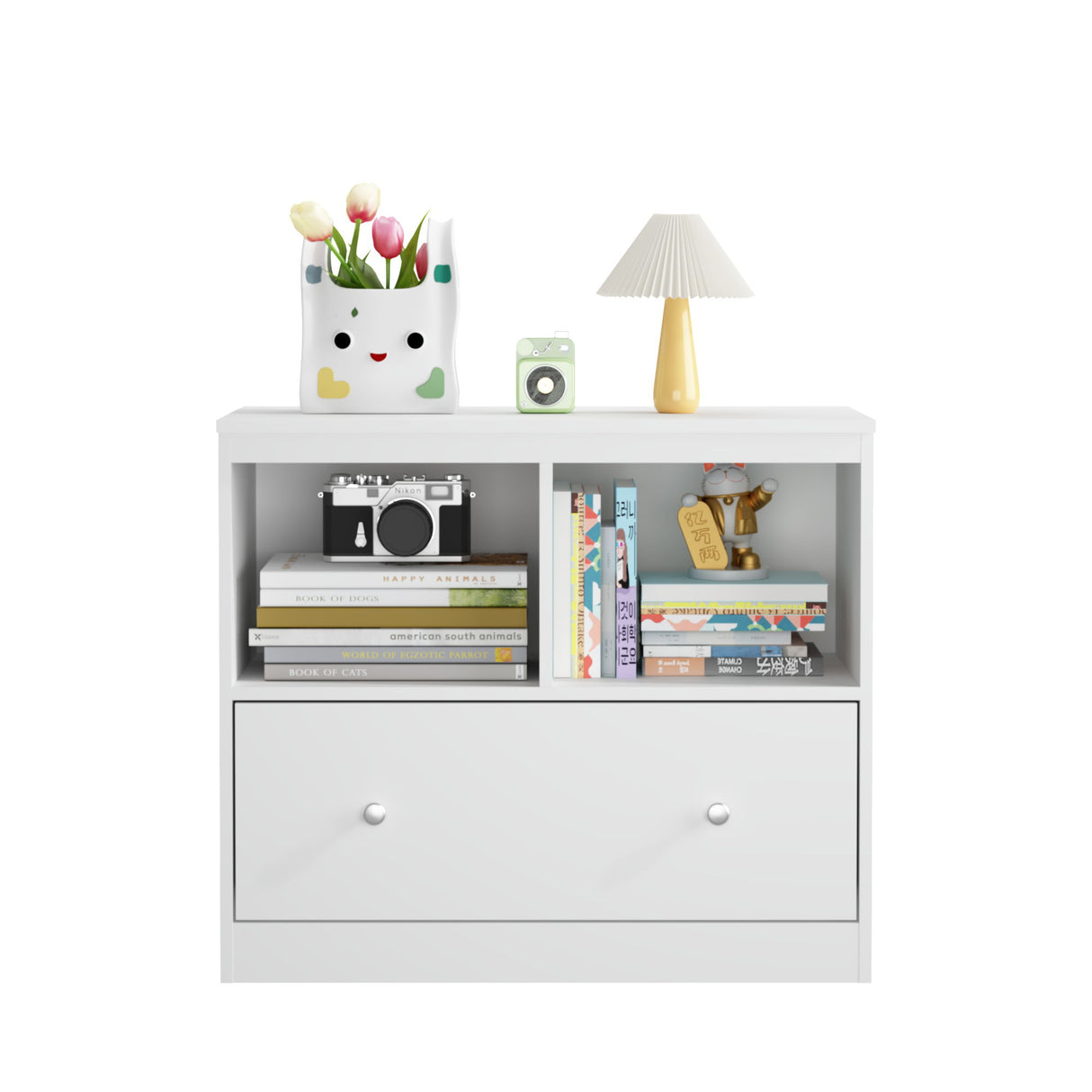 Toy Storage Organizer With Large Drawer And Low Bookshelf For Nursery & Playroom - White