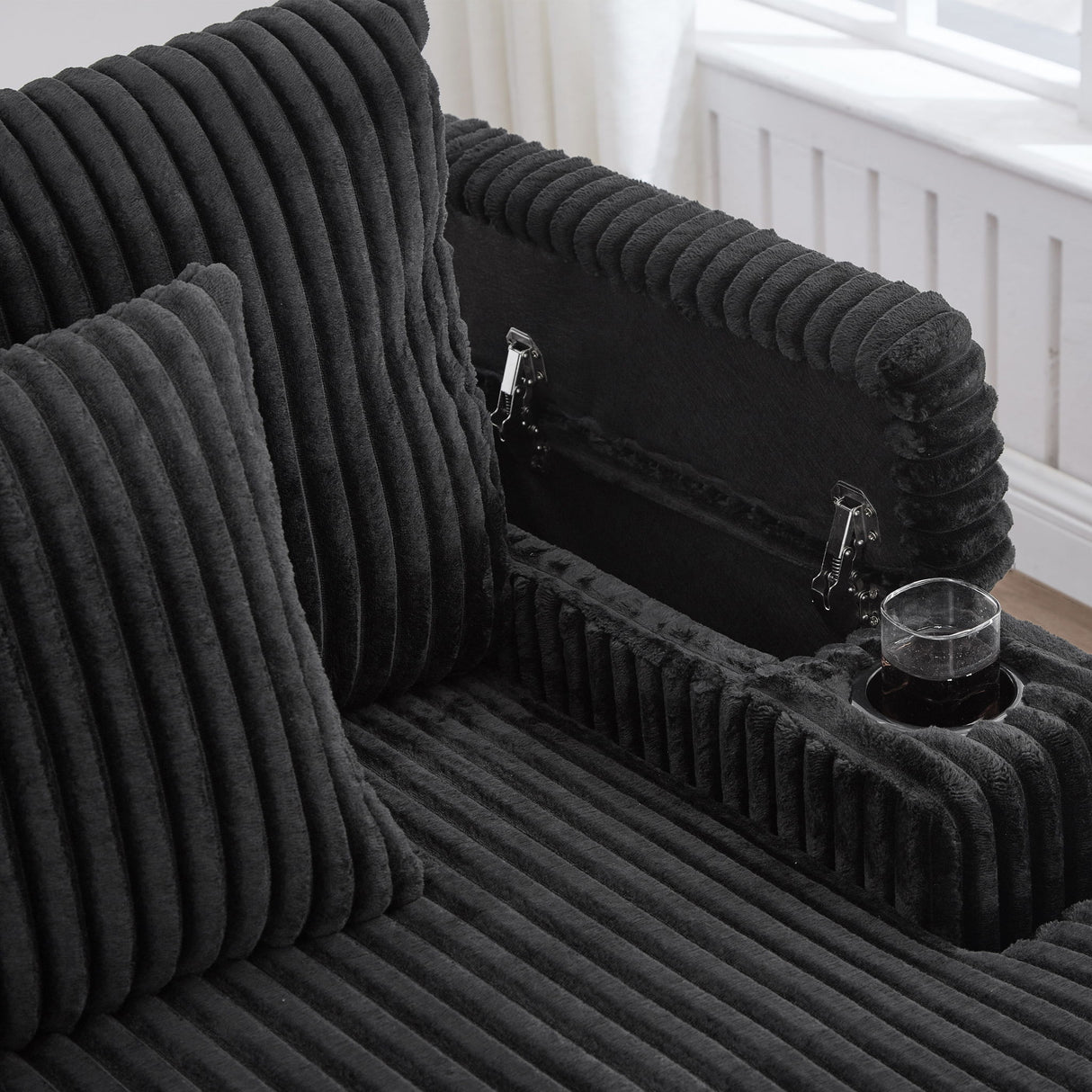 Modern Chaise Sofa With Adjustable Backrest, Cup Holders, Phone Holder & Storage Compartments For Living Room