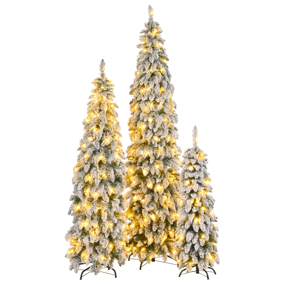 Pre-Lit Pencil Christmas Tree 3-Set, 4ft/6ft/8ft, Snow-Flocked, 290 LED Lights, White and Green