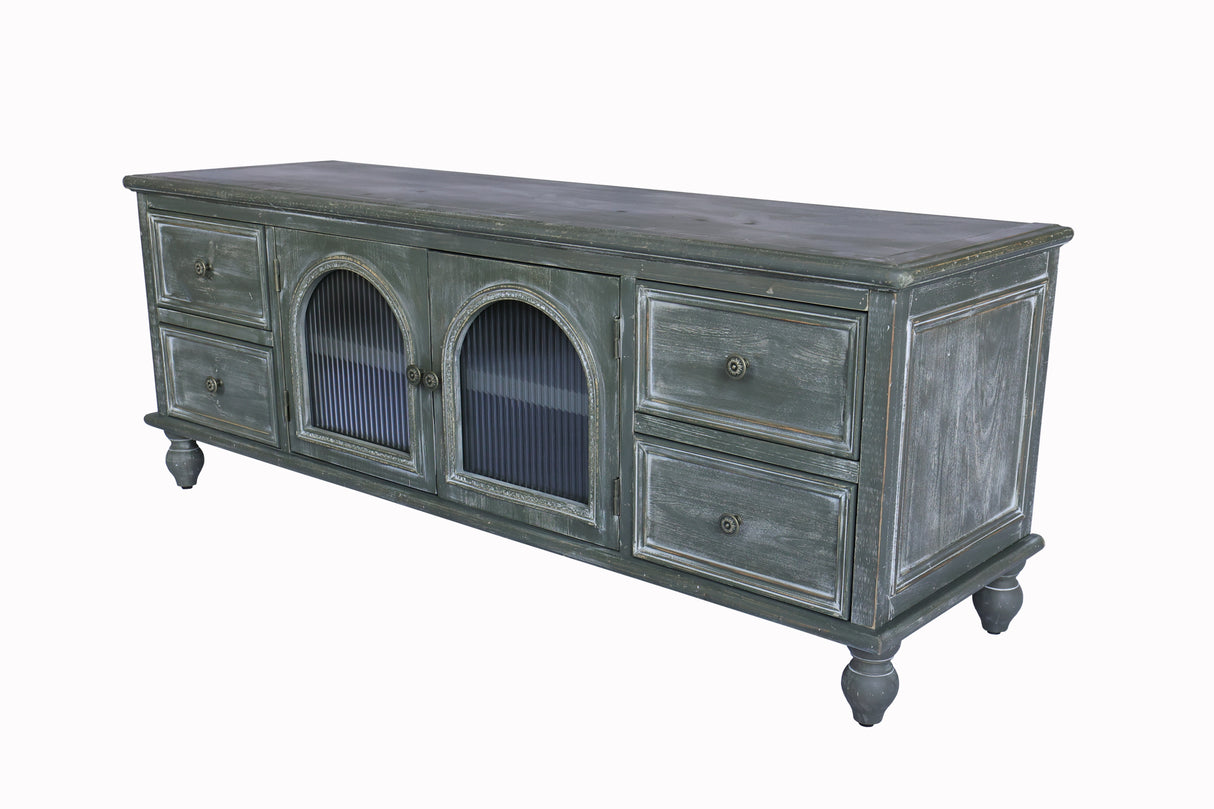 60" Farmhouse TV Stand with 4 Drawers & Glass Doors