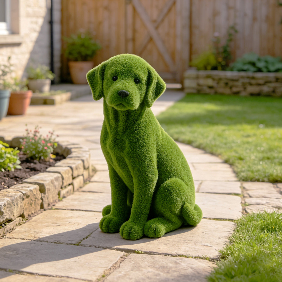 Flocked Dog Garden Statue with Weather-Resistant Finish - Green