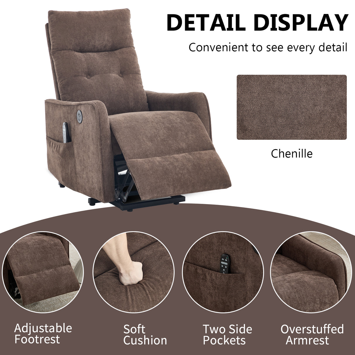 Brown Chenille Single Motor Power Lift Recliner Chair