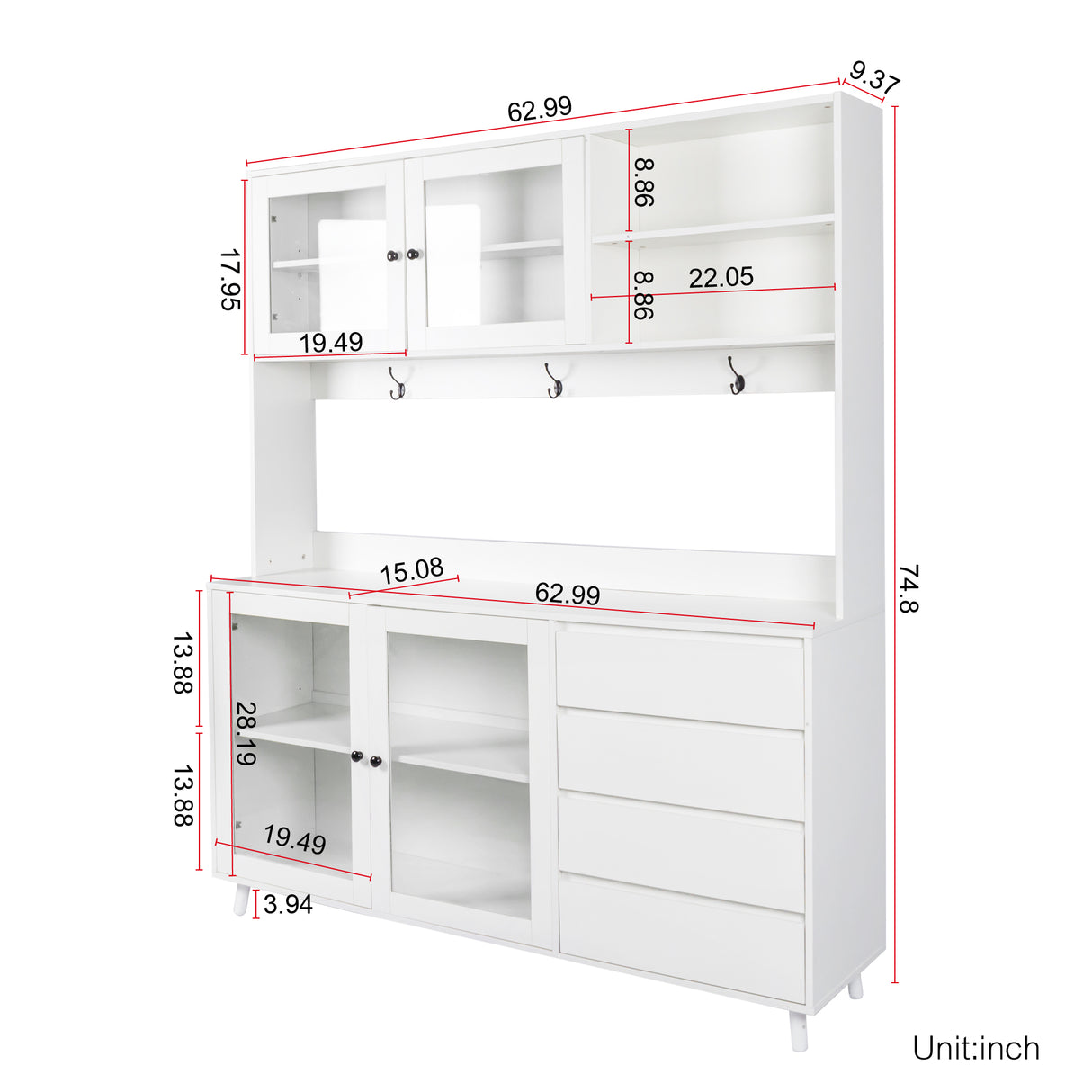 63" W Large Kitchen Hutch Cabinet, Freestanding Pantry Storage