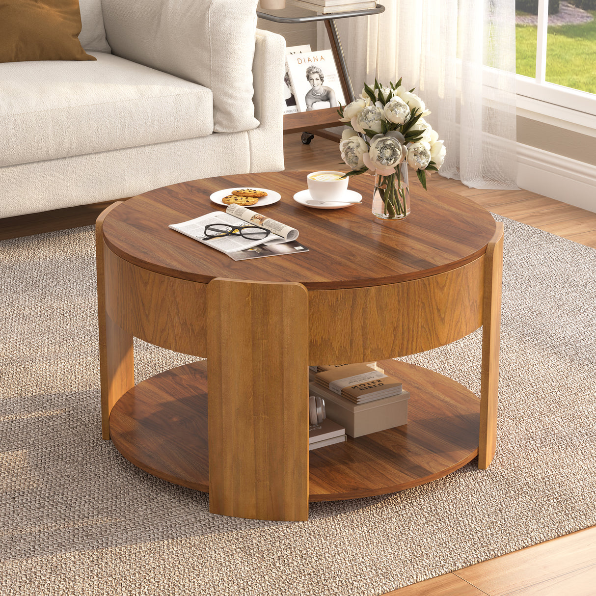 Vibe Haus Farmhouse Round Lift Top Coffee Table with Hidden Storage