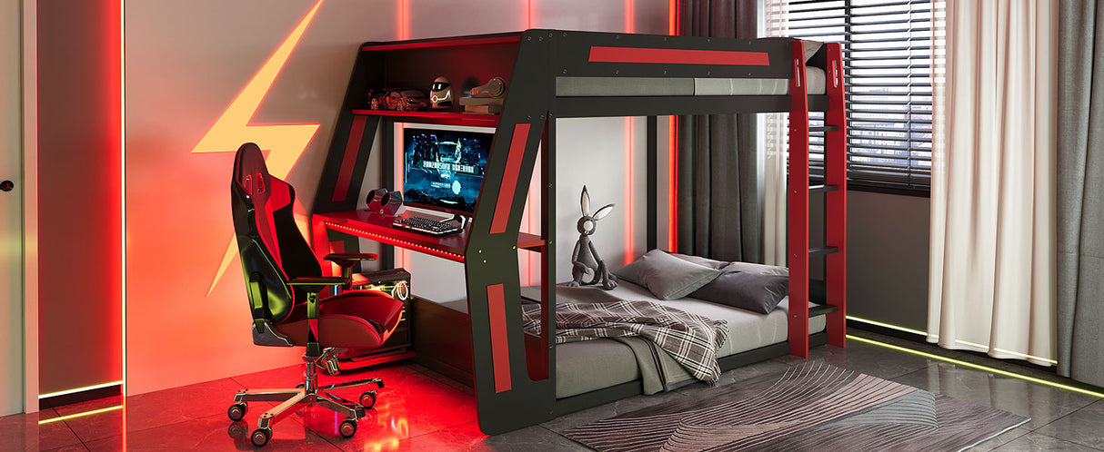 Full-Size Gaming Bunk Bed with Side-Mounted Oversized RGB Desk
