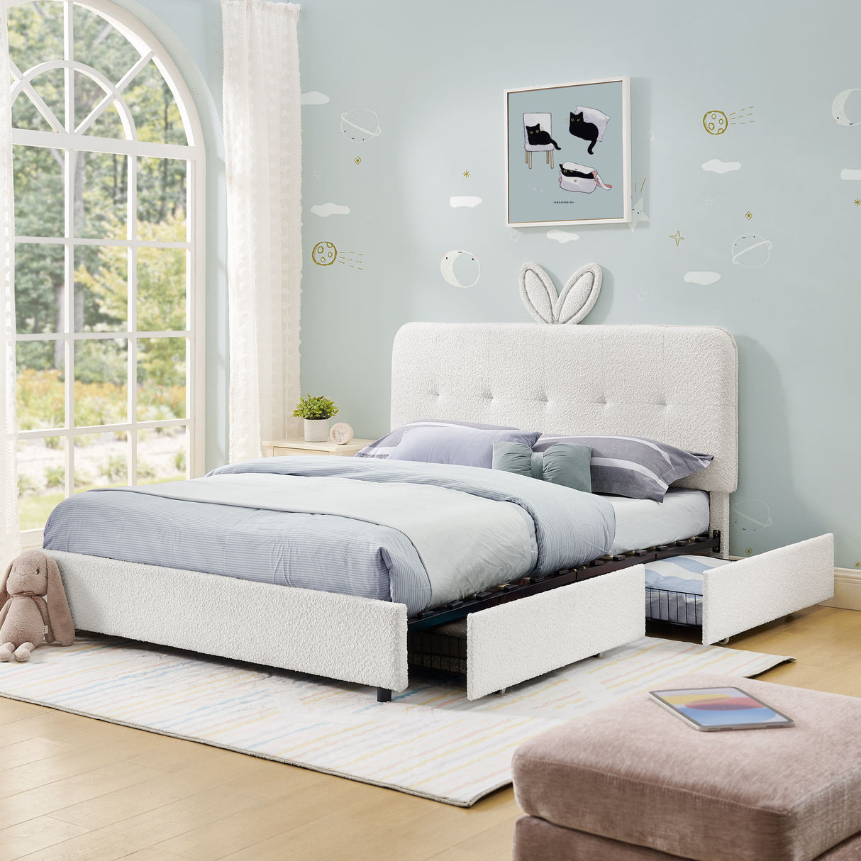 Upholstered Bed With Oversized Rabbit Ear Headboard, LED Lights & 4 Storage Drawers