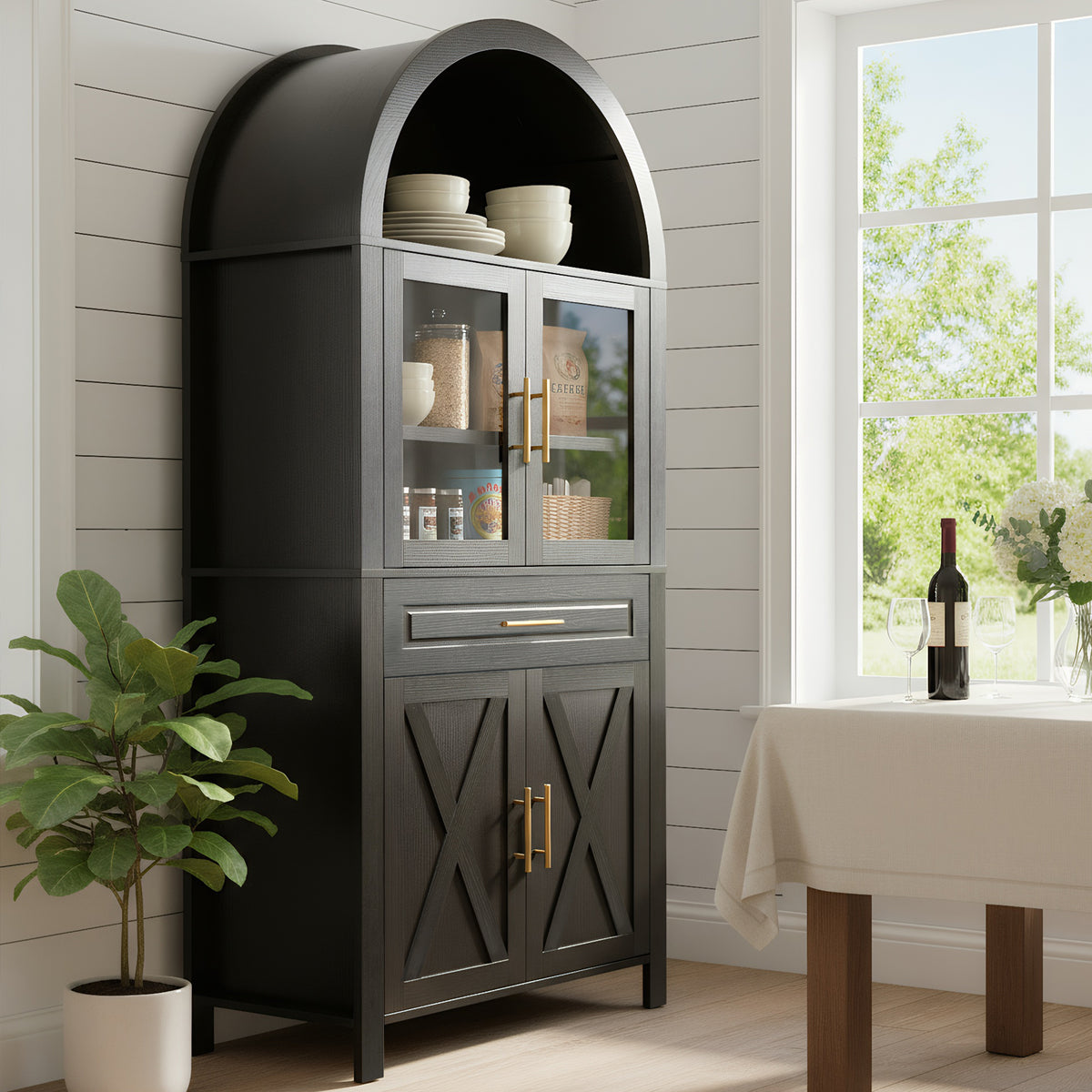 71-Inch Arched Kitchen Pantry Cabinet with Glass Barn Door, Black