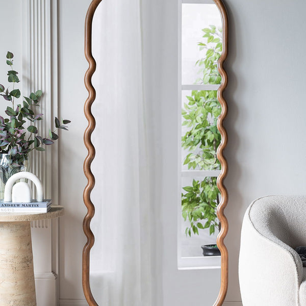Oversized Wooden Floor Mirror With Unique Frame - Brown