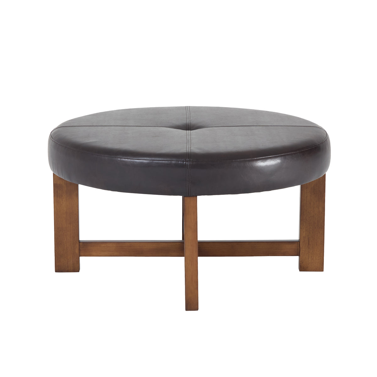 Round Leather Ottoman Coffee Table with Solid Wood Base