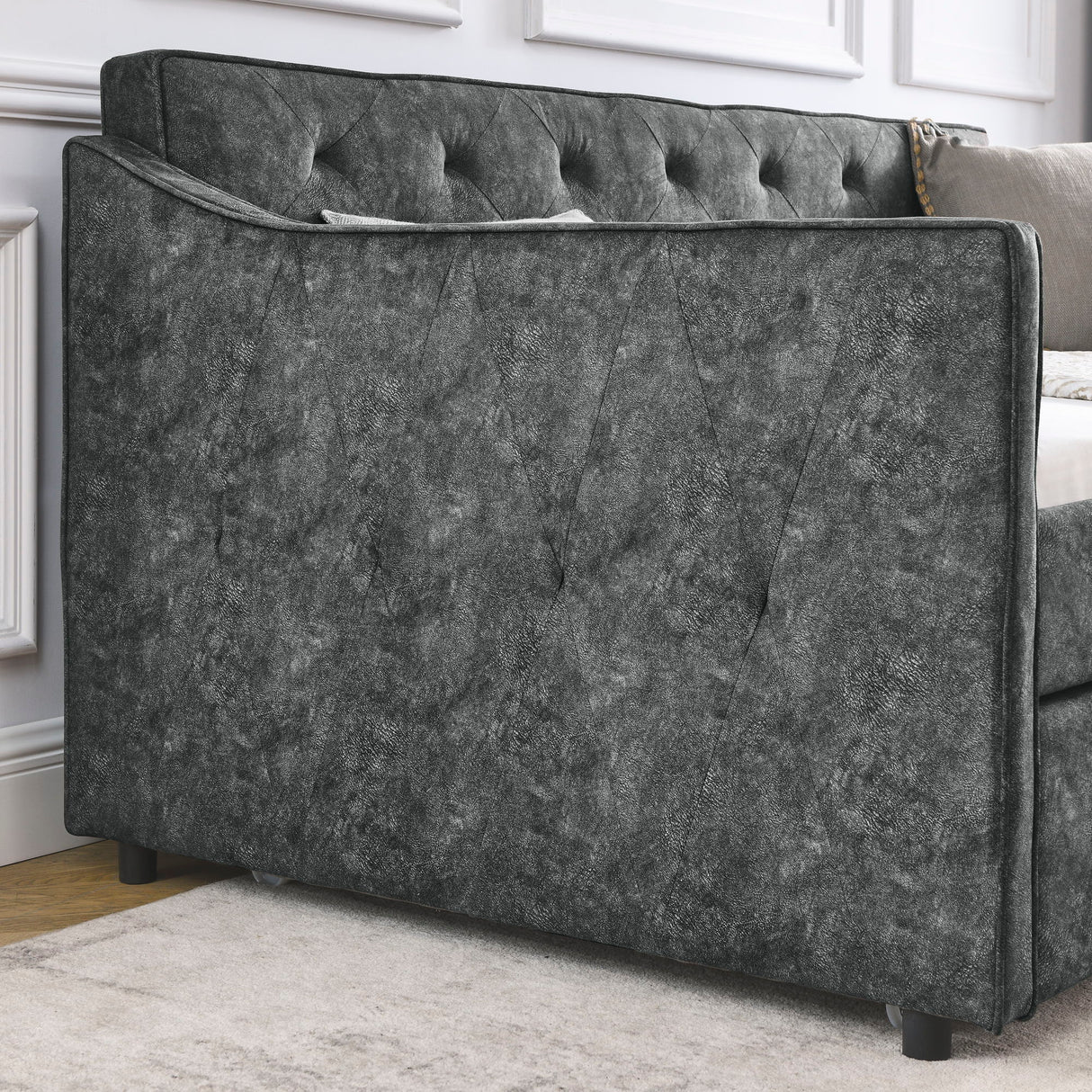 Twin Upholstered Daybed With Trundle, Waved Arms - Gray