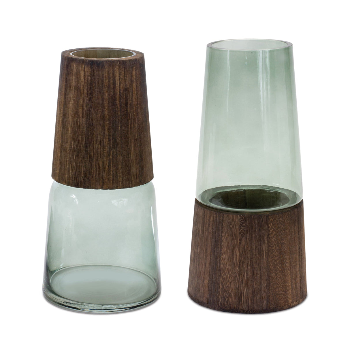 Tapered-glass-vase-w-wood-accent-(set-of-2)-Vases