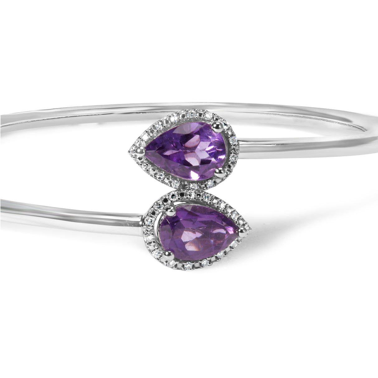 .925 Sterling Silver 8 x 5.5mm Pear Shape Amethyst and Diamond Accent Halo Bypass Bangle Bracelet (H-I Color, SI1-SI2 Clarity) - Fits up to 7" Inches
