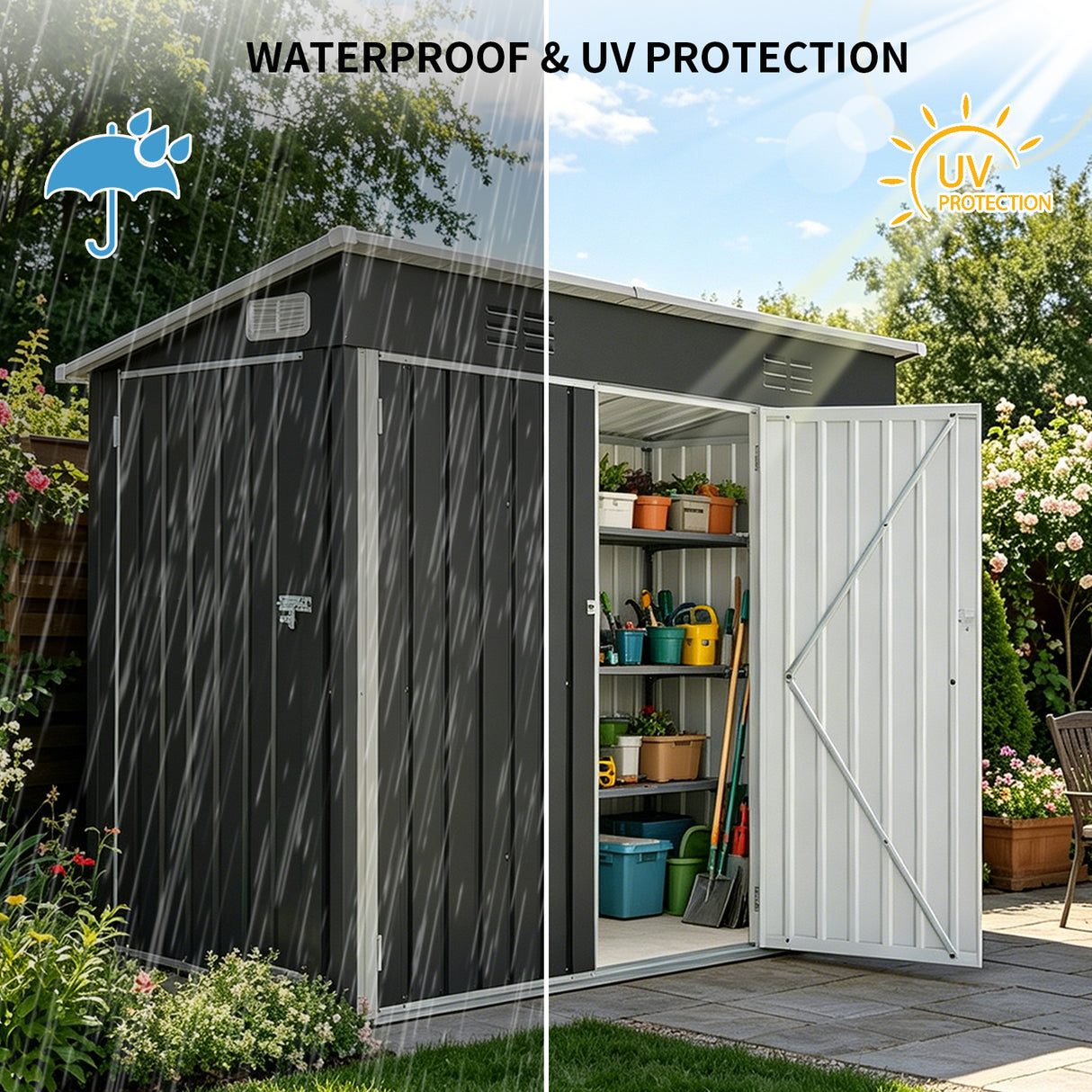 4 x 8 Ft Galvanized Steel Outdoor Storage Shed with 3 Access Doors
