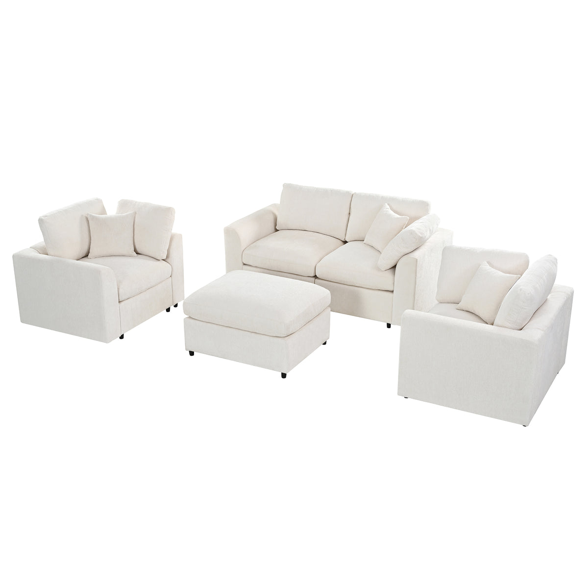 U-Style 4-Piece Sofa Set, 2 Accent Chairs + Loveseat + Movable Ottoman