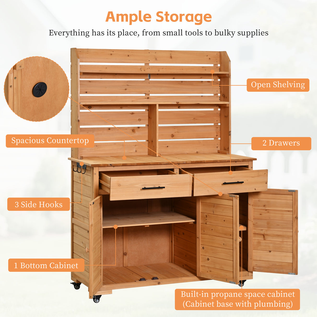 TOPMAX 65''H Large Garden Potting Bench with Lockable Wheels and Storage Cabinet