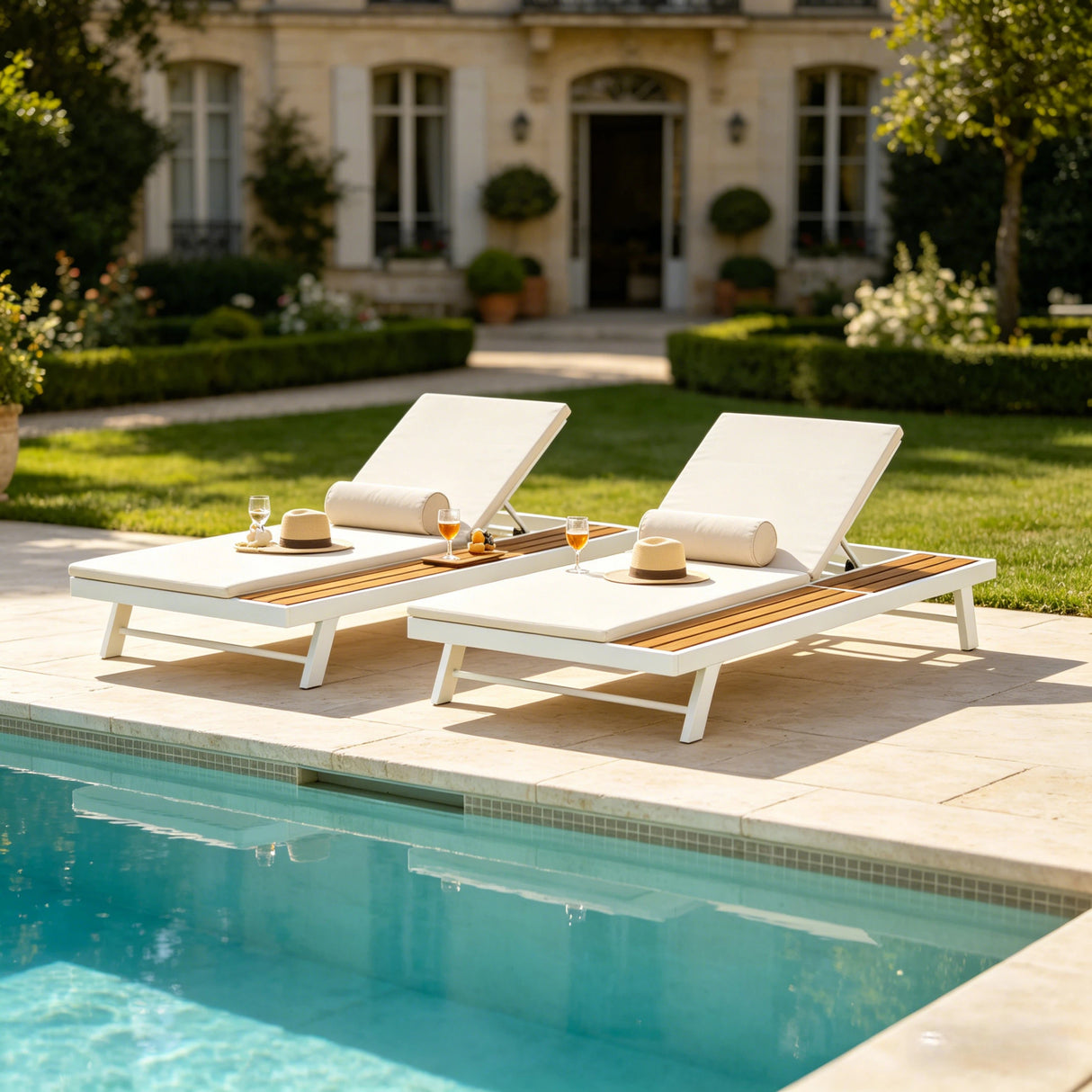 White Iron + Teak Finish Outdoor Chaise Lounge Set