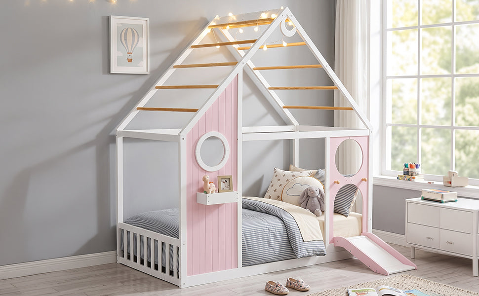 Twin House Bed with Slide, Ball Light Strip