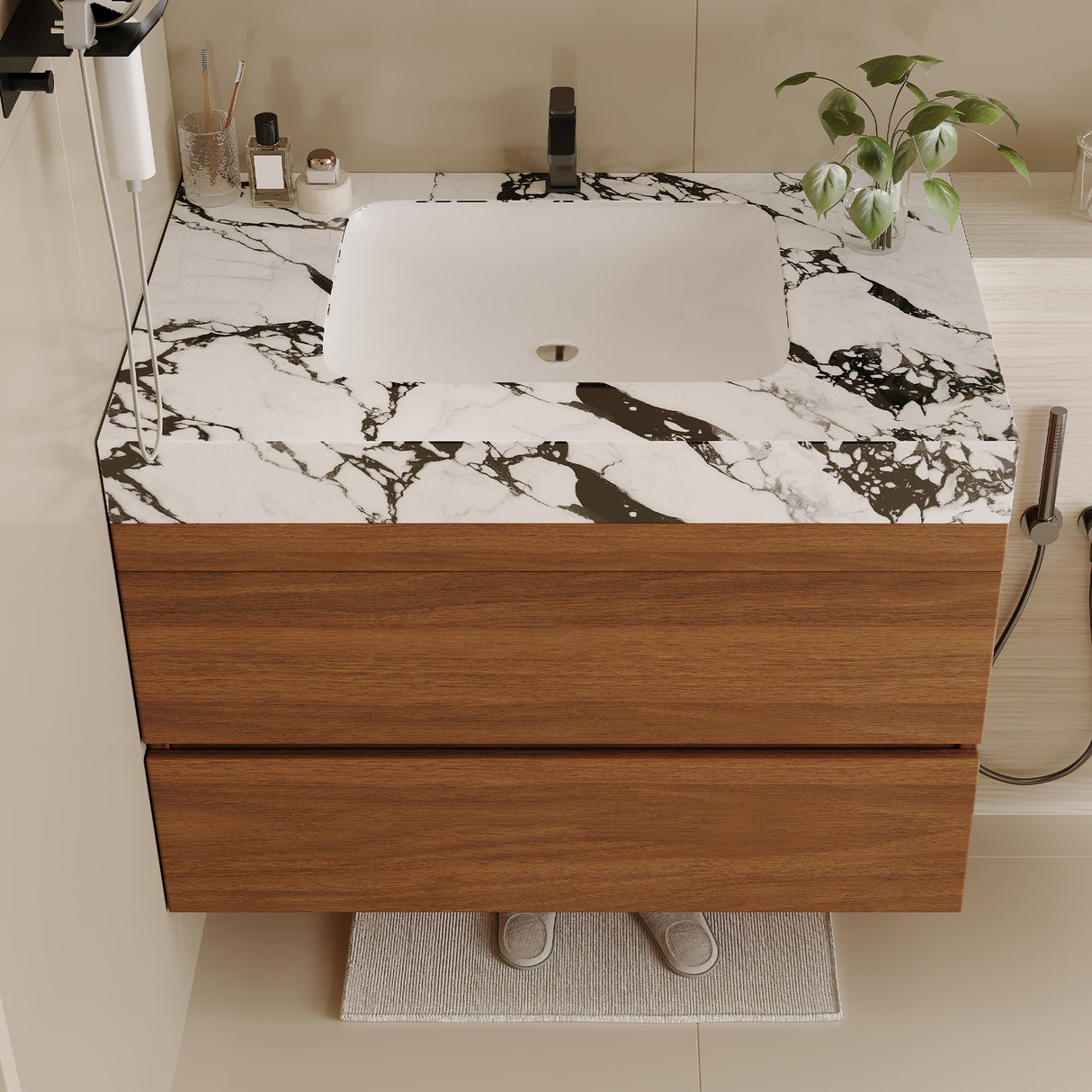 29.9" Modern Floating Bathroom Vanity with Faux Marble Top