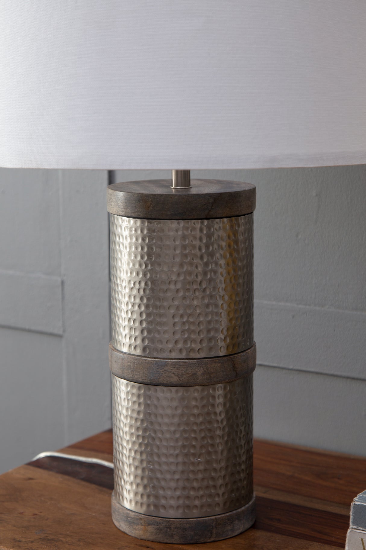 D16x24.4" Hammered Iron Table Lamp with Mango Wood