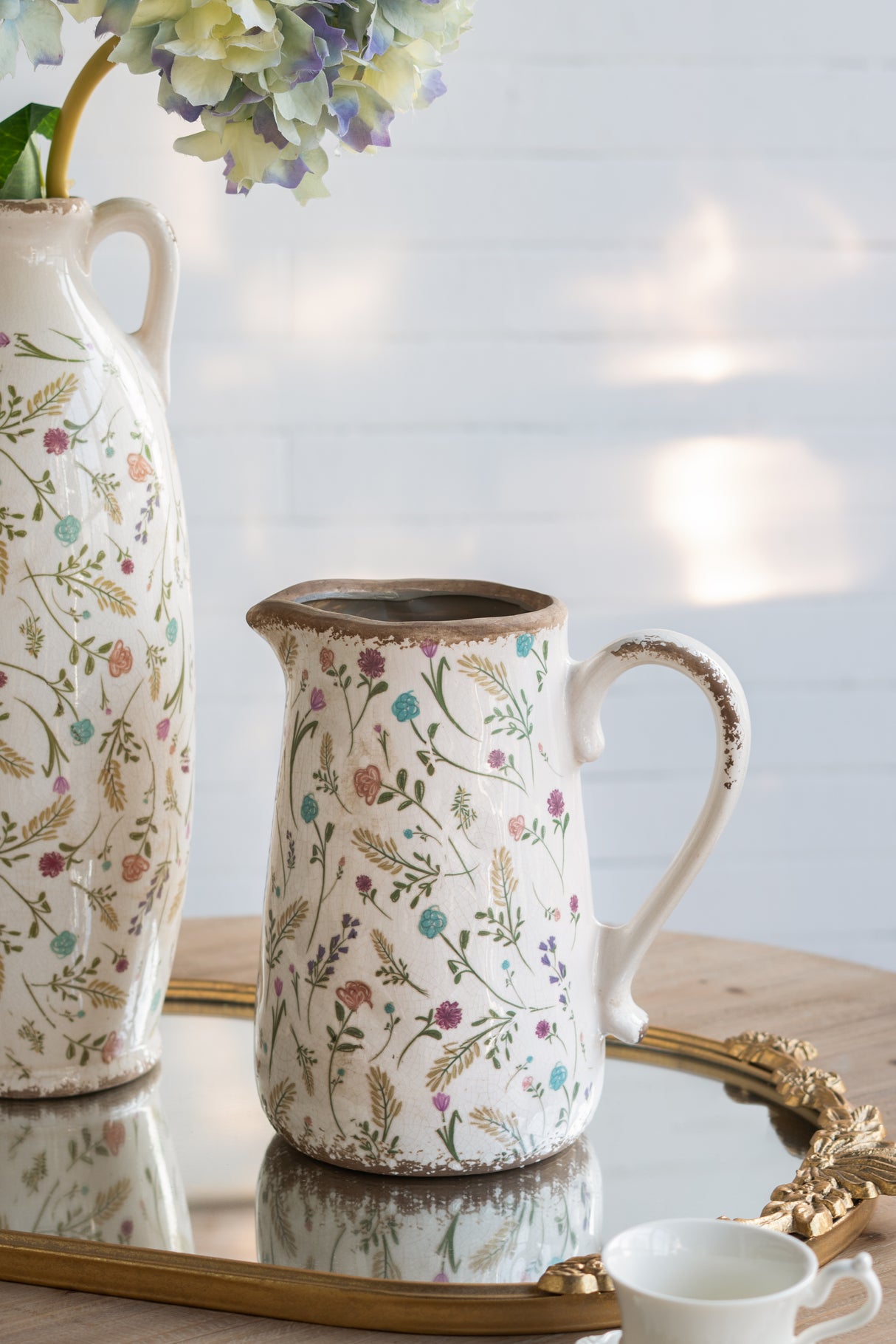 8.1x5.7x9.1" Round Ceramic Pitcher Vase with Multi-Colored Floral Motifs