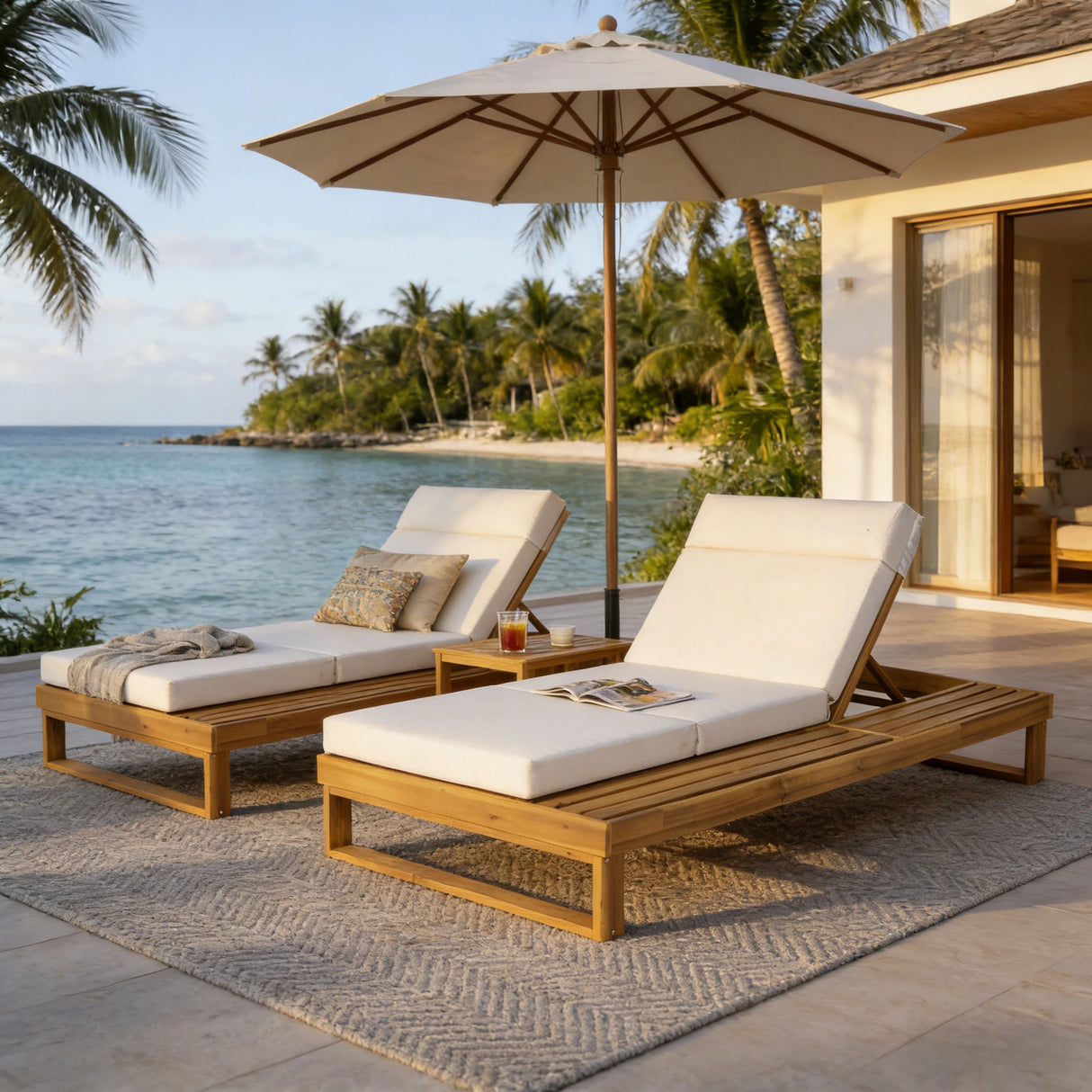 Teak Finish Acacia Wood Chaise Lounge with 4-Inch Cushion