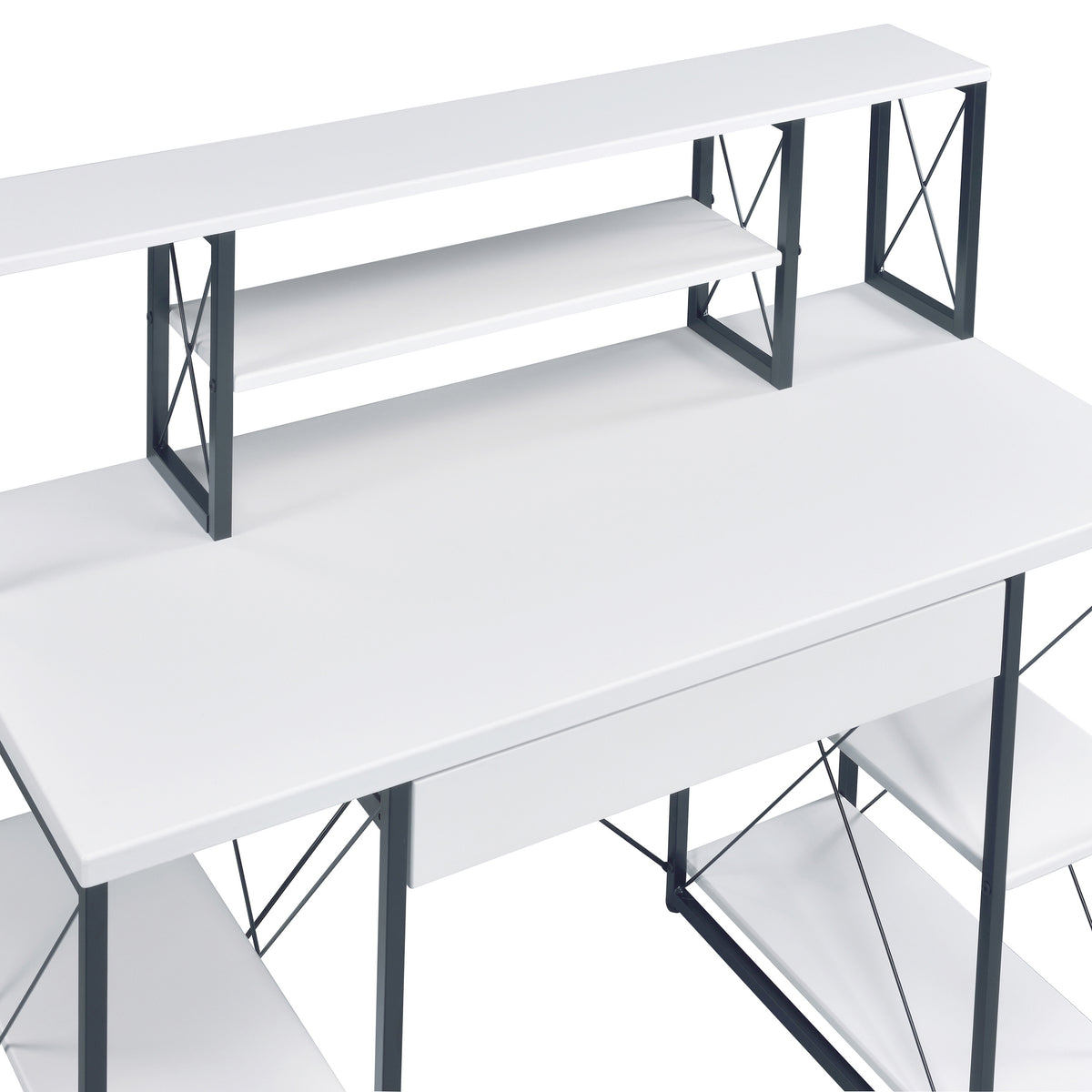 White and Black Recording Studio Desk with Drawer - Wood & Metal