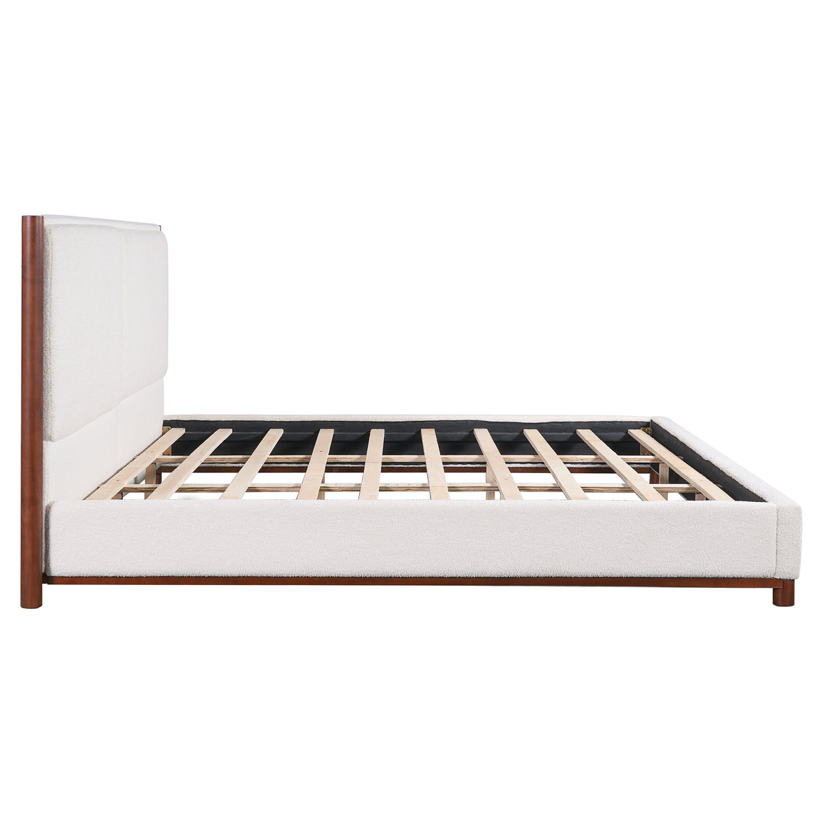 King Size Upholstered Bed Frame with Slat Support - White & Walnut