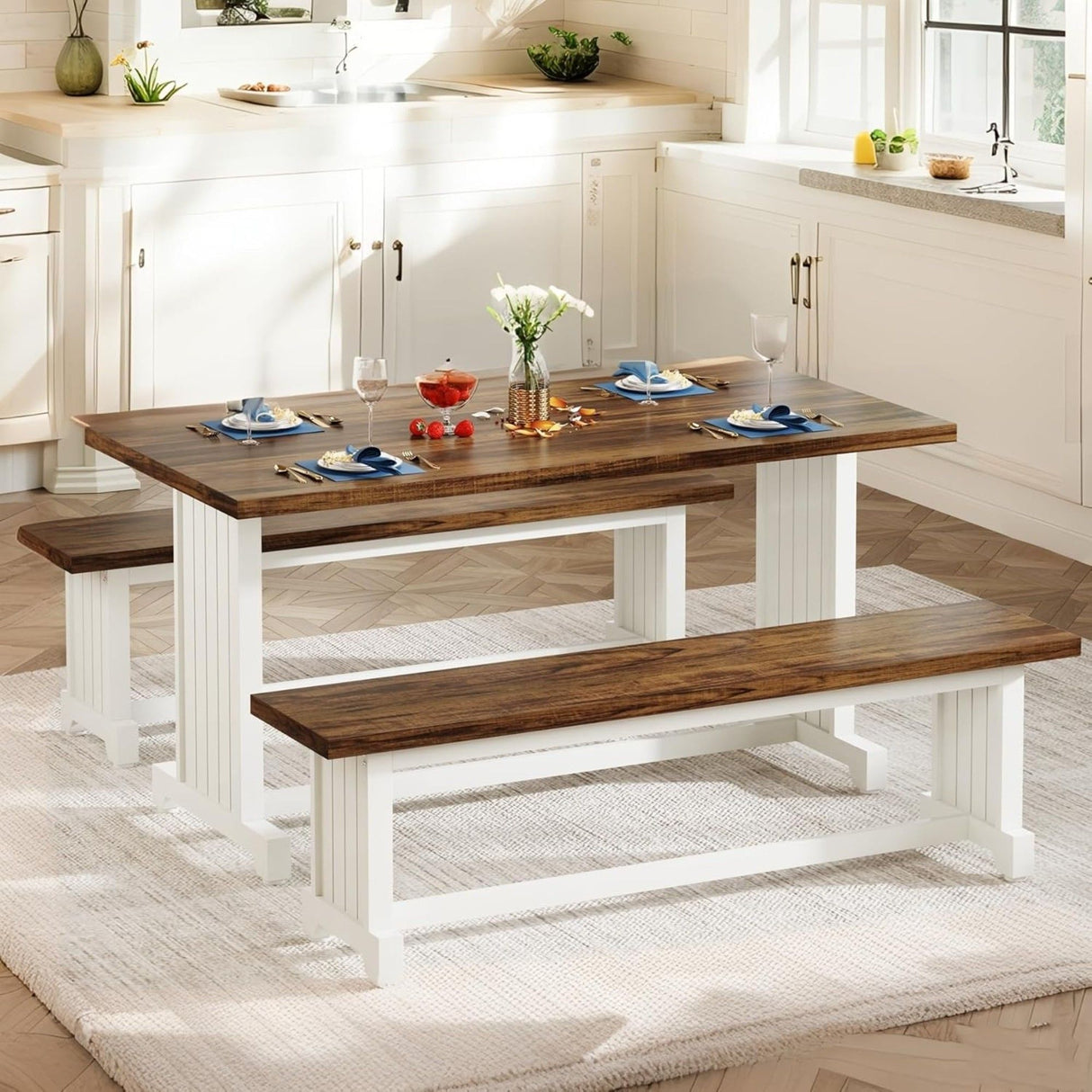 3 Piece Dining Table Set For 2 - 4, With Space Saving Benches - Brown / White