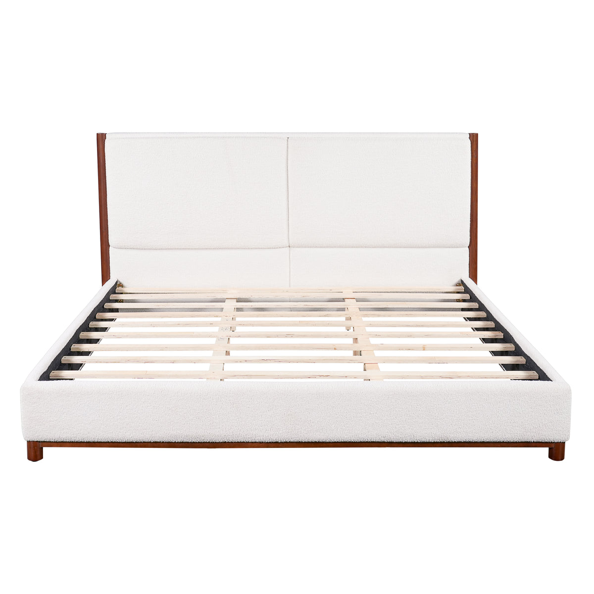 King Size Upholstered Bed Frame with Slat Support - White & Walnut
