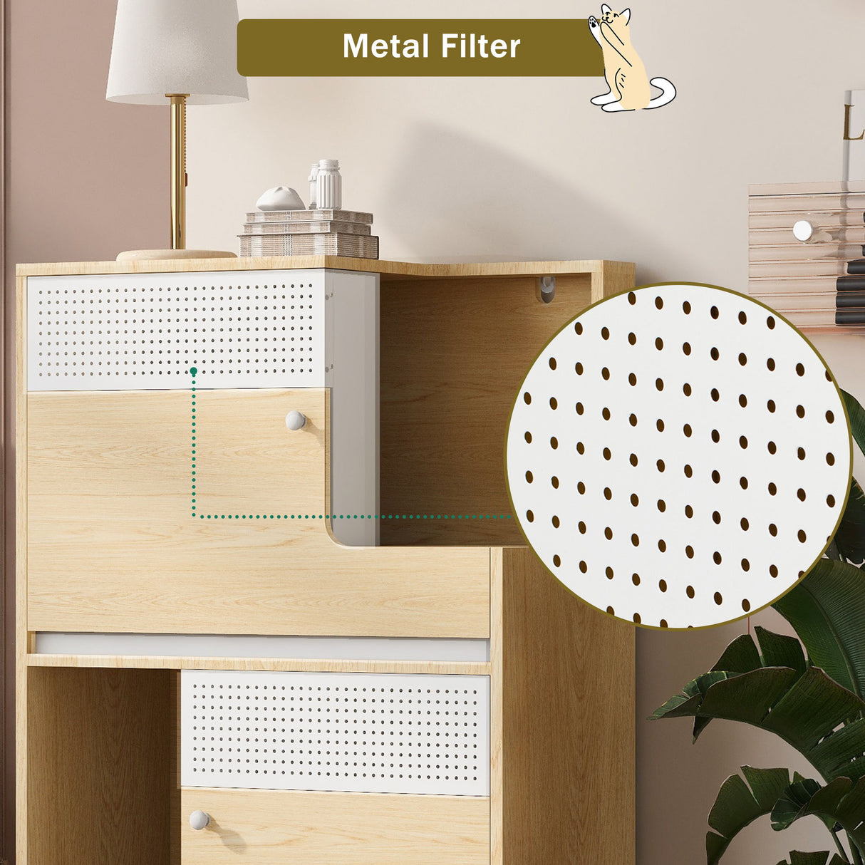 Furniture Style Multi Use Natural Cat Litter Box House With Flip Down Door - Natural