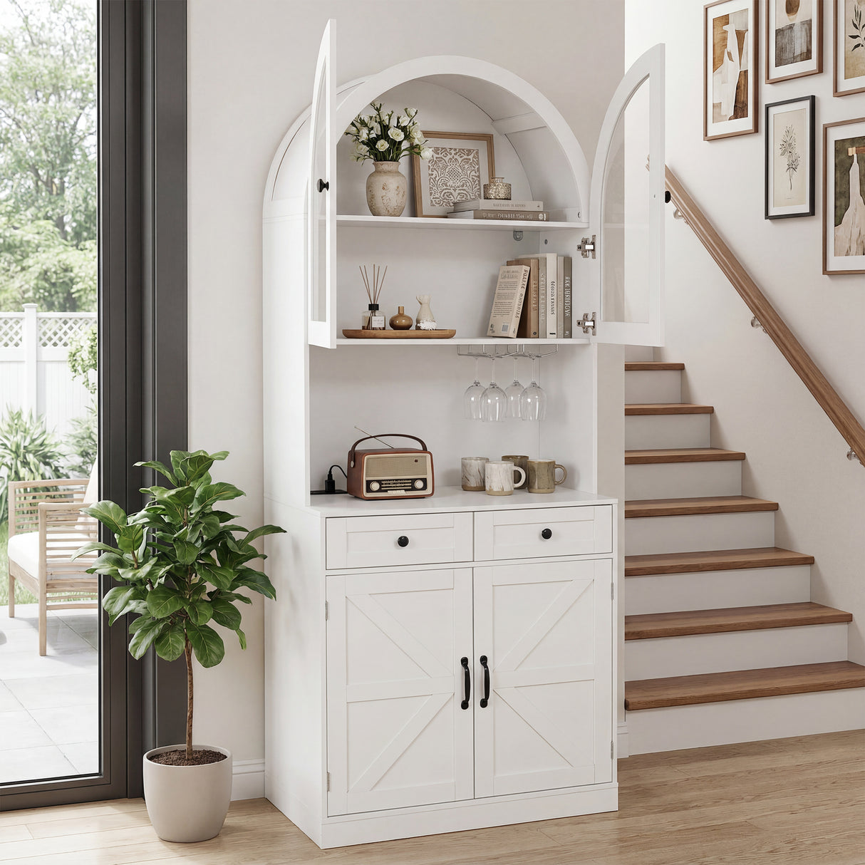 75" Farmhouse Tall Arched Pantry Cabinet with Charging Station