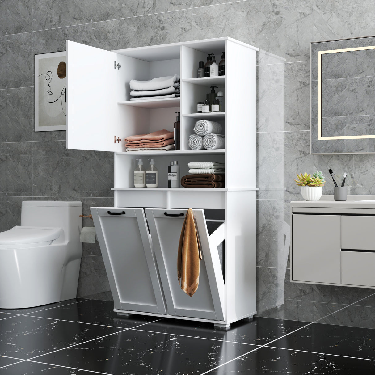 Laundry Cabinet with Doors and Shelf, Tilt-Out Laundry Hamper, Multiple Storage Space