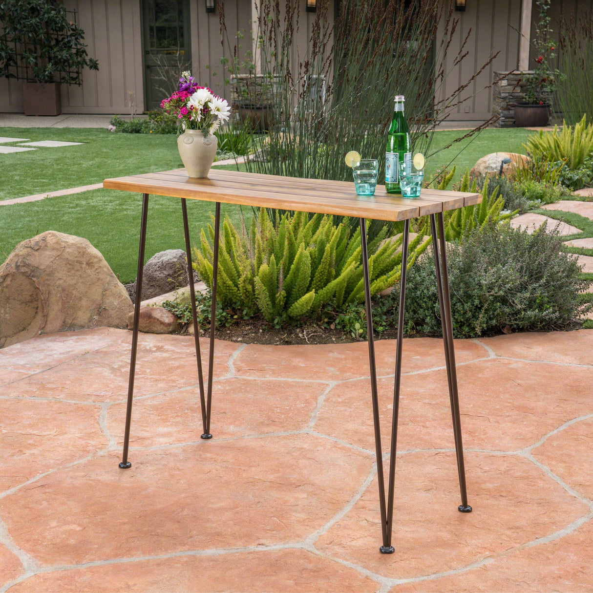 Outdoor Bar Table With Wood Tabletop And Iron Hairpin Legs - Black / Teak - Best Buy Furniture