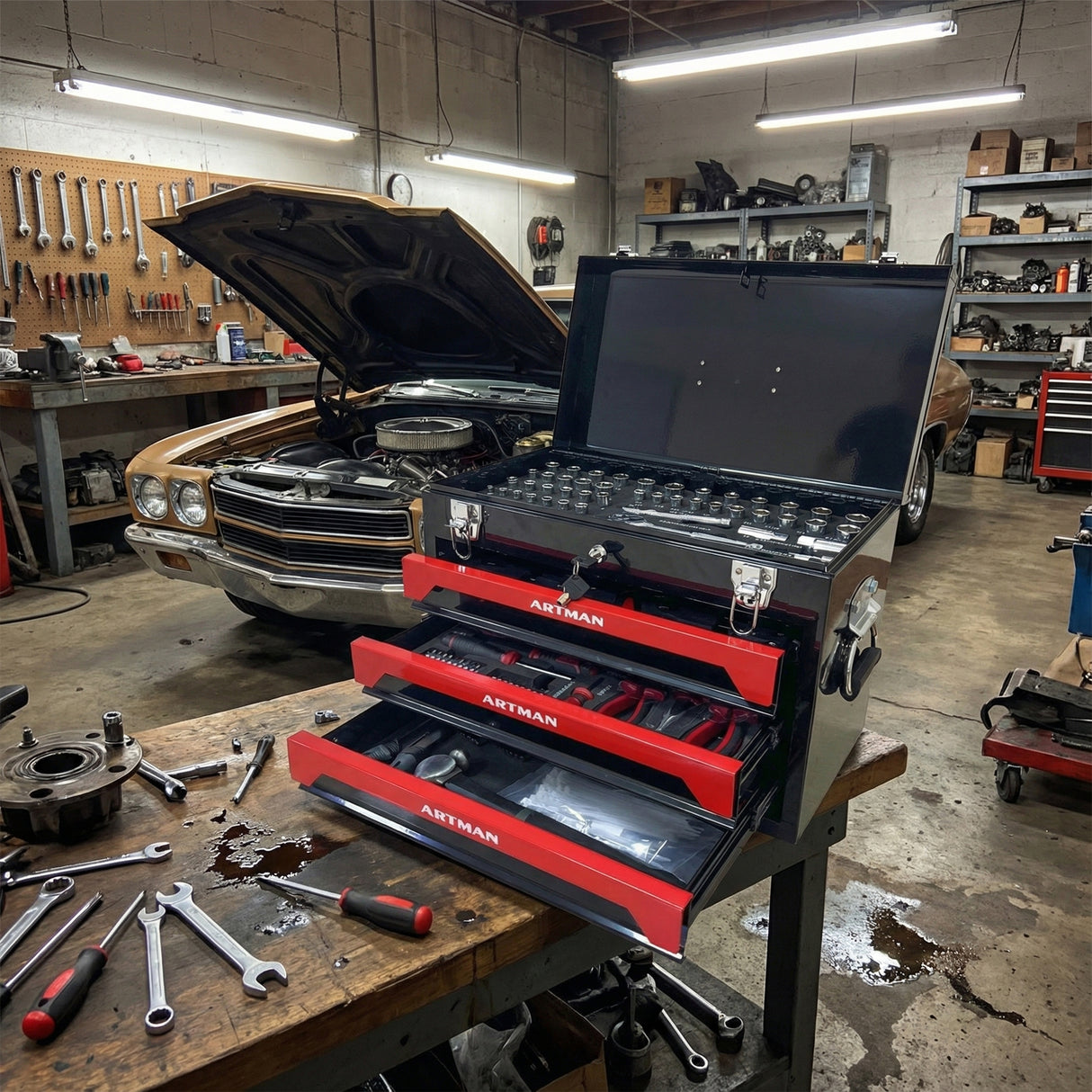 20'' Portable 3-Drawer Steel Toolbox with Tool Set