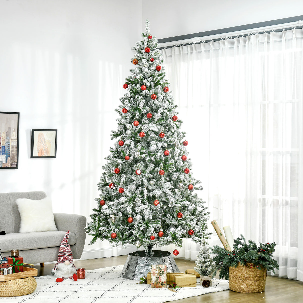 HOMCOM 9' Tall Unlit Snow Flocked Pine Artificial Christmas Tree