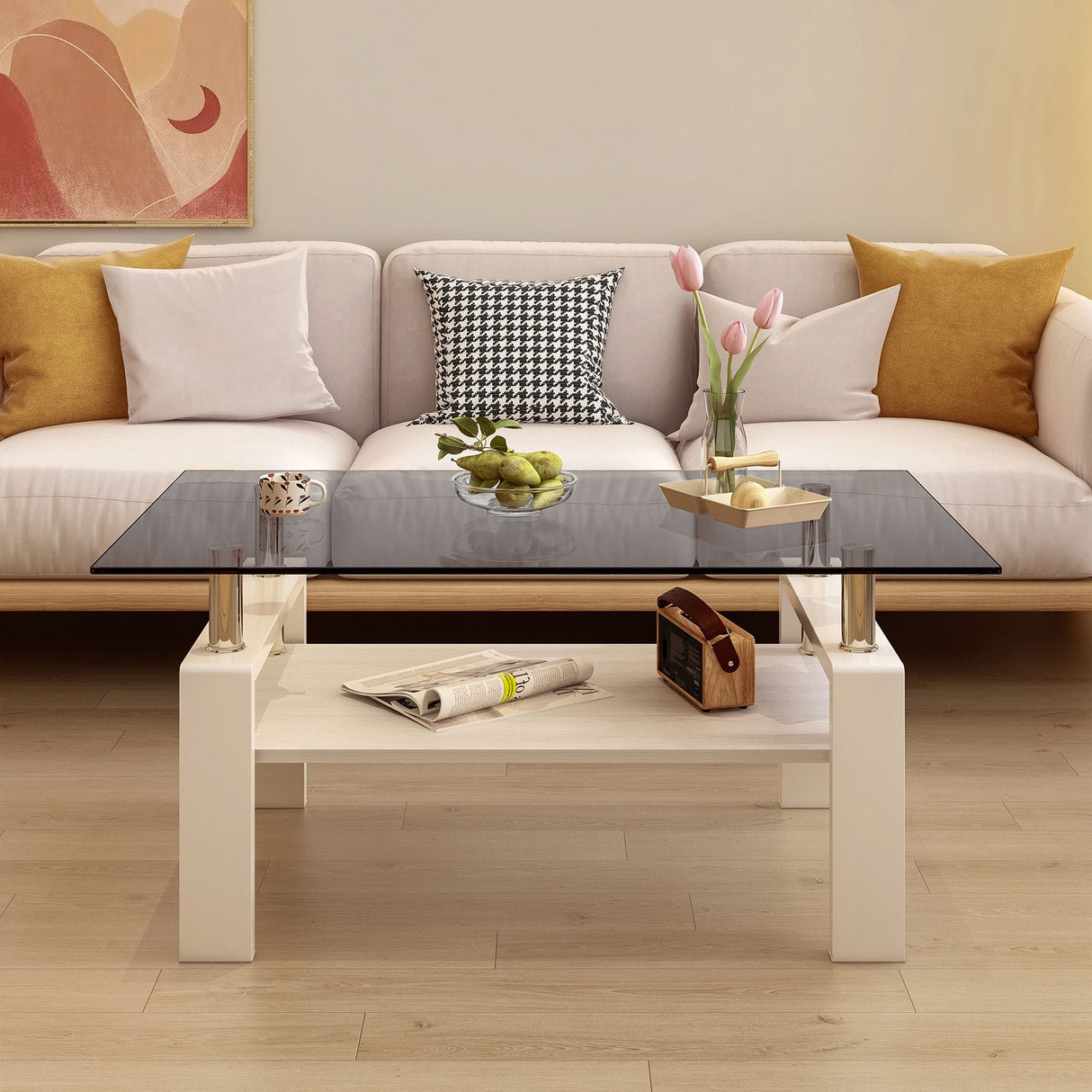 Modern Rectangular Coffee Table With Tempered Transparent Glass Top And Storage Shelf