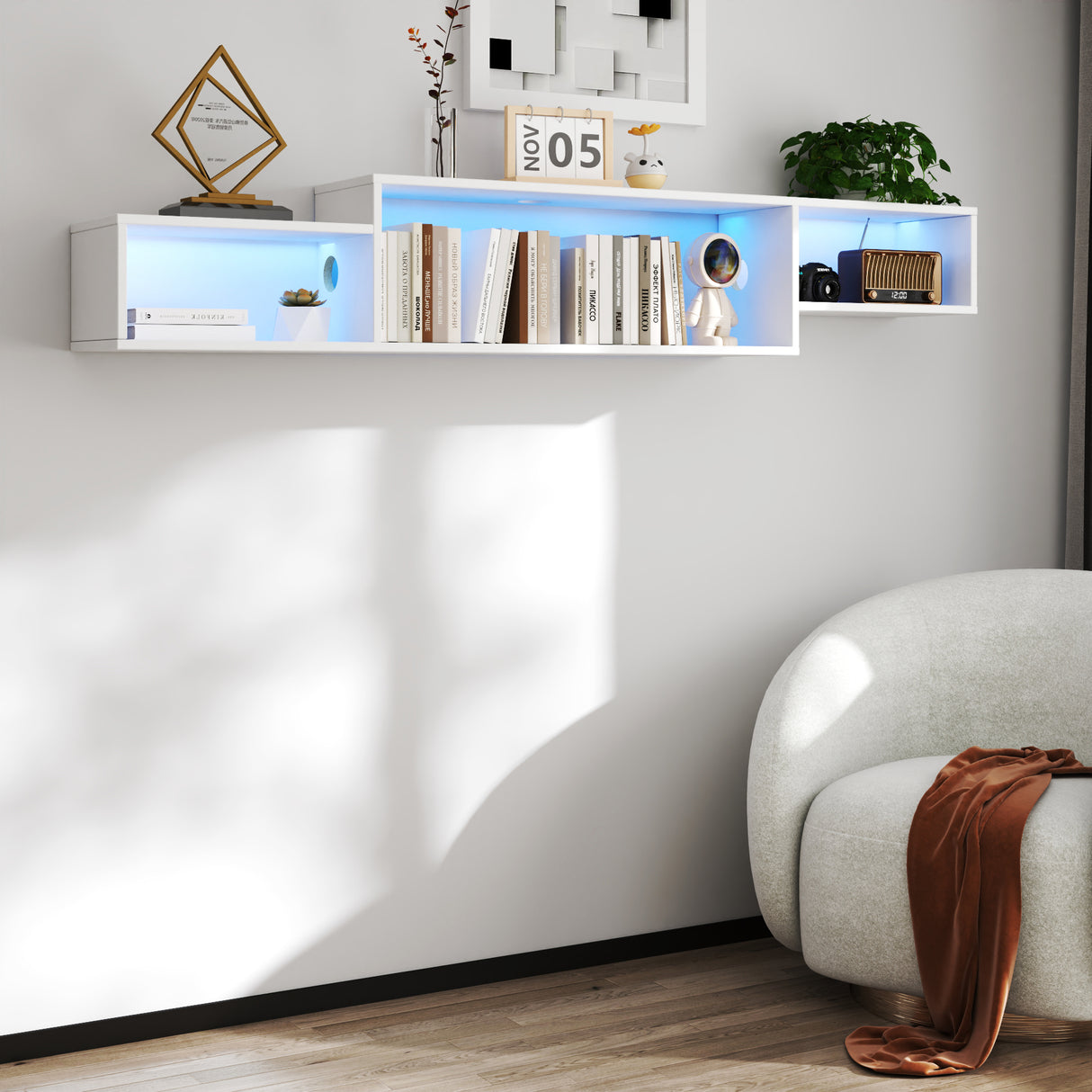 65.35in Wall Mounted Floating TV Stand with 20 Color LEDs and Charging Station