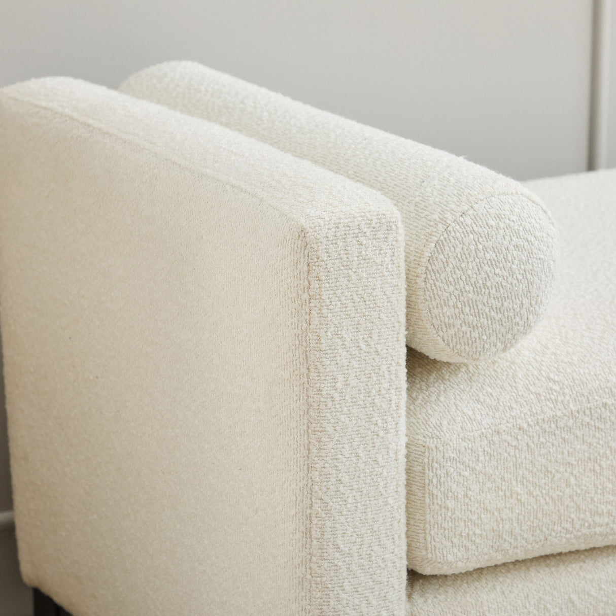 Elegant Upholstered Bench, Daybed, Ottoman With Wood Legs & Bolster Pillows - Ivory Boucle