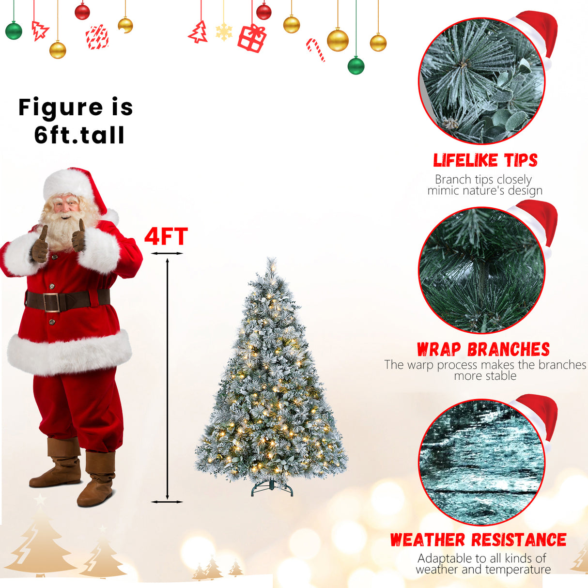 4FT Prelit Flocked Christmas Tree With Pine Needles & Eucalyptus Leaves