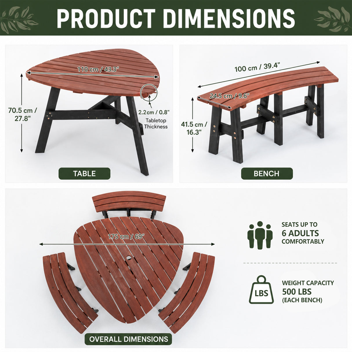 6-Person Semi-Circular Outdoor Solid Fir Wood Picnic Table Set, Rustic