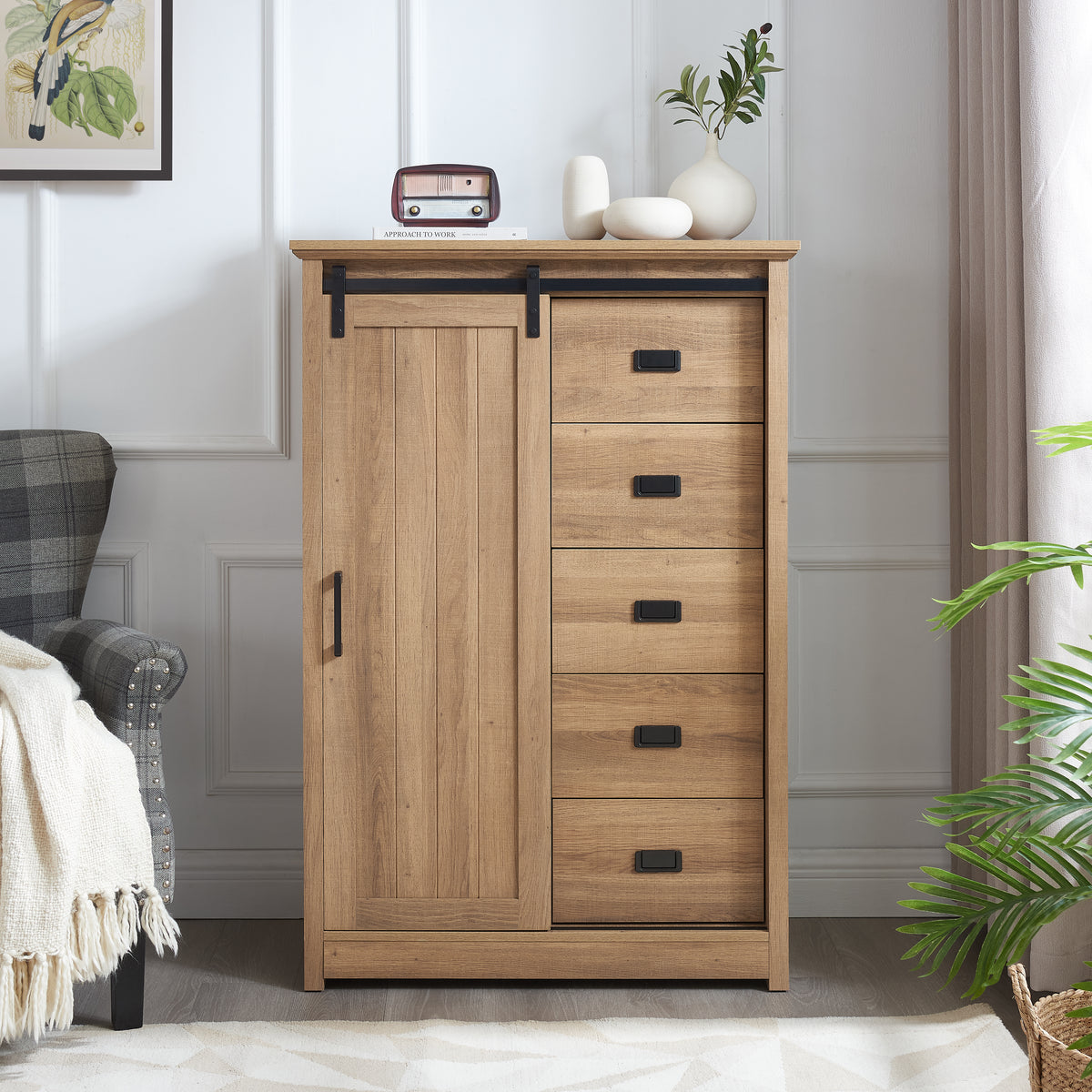 5 Drawers Dresser with Sliding Barn Door