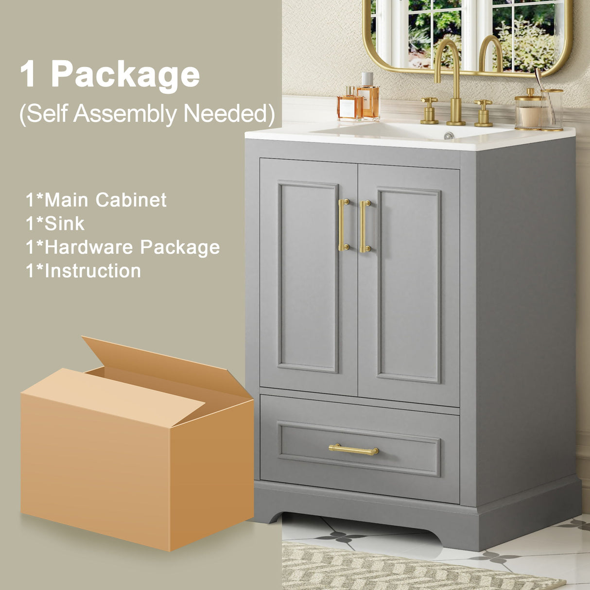 Bathroom Vanity With Sink, 1 Divided Drawer And 2 Soft Close Doors With Double Shelf