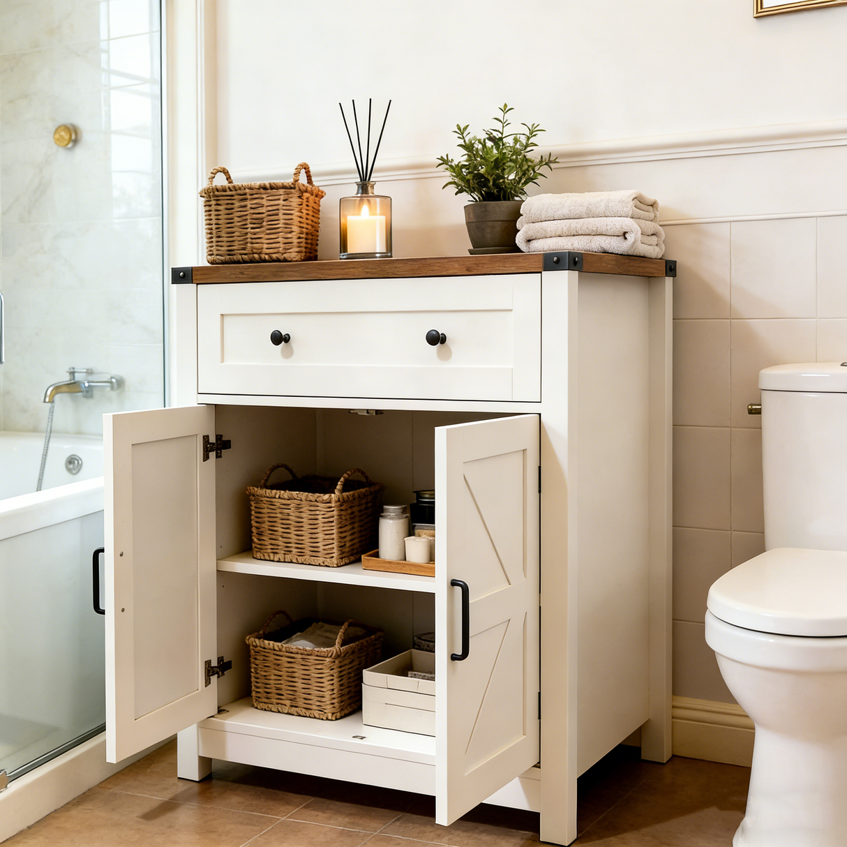 White & Wood-Grain Top Farmhouse Barn-Door Storage Cabinet