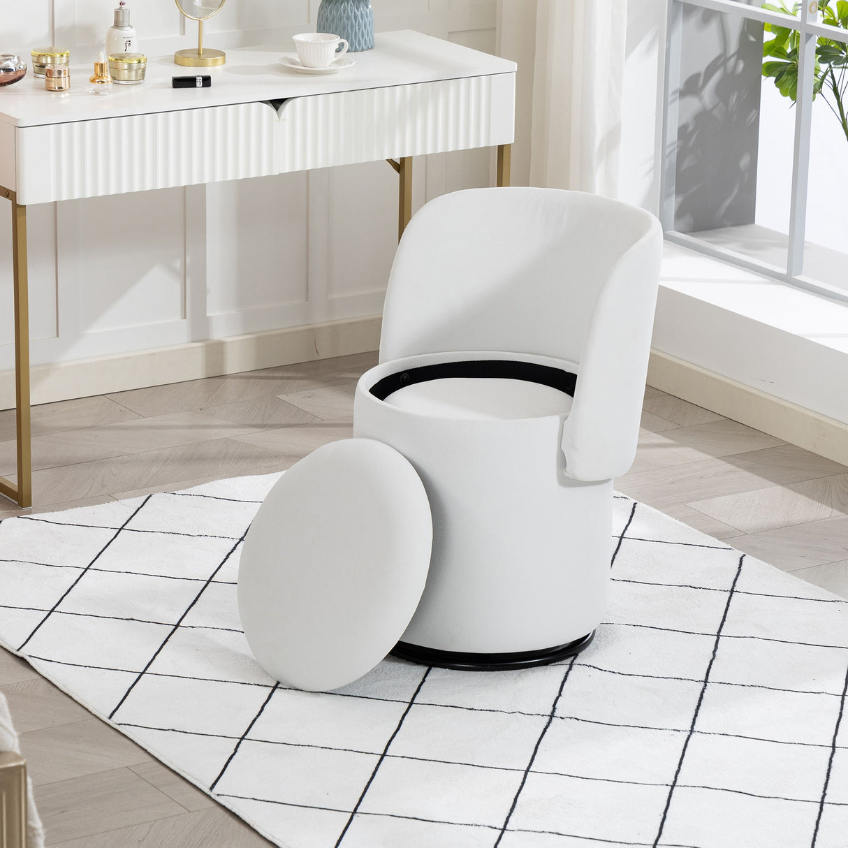 Barrel Chair With Built In Storage, 360° Swivel - Beige