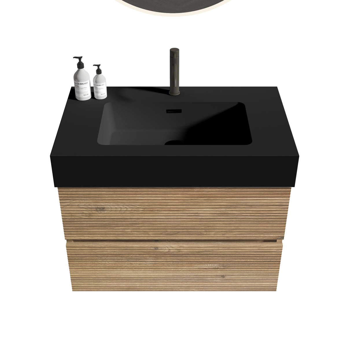 Grace 30-Inch Wall-Mounted Bathroom Vanity, Black and Oak with Soft-Close Drawers